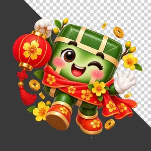 File PNG - Nhân vật hoạt hình bánh chưng tay cầm đèn lồng đỏ tiền vàng hoa mai