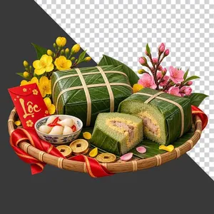 Mẹt bánh chưng cắt miếng dưa hành hoa mai hoa đào bao lì xì Lộc và tiền cổ