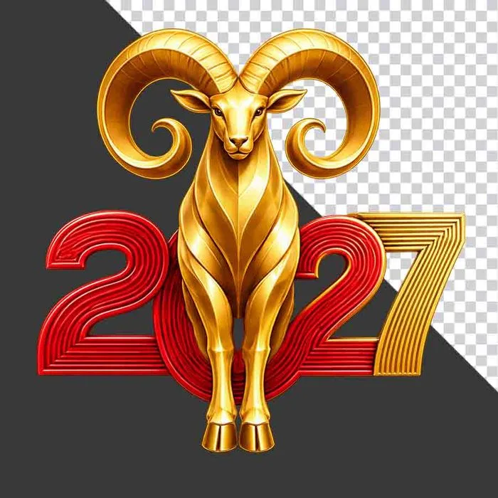 File PNG - Mô hình chú dê vàng hướng về phía trước kết hợp chữ số 2027 chào năm mới