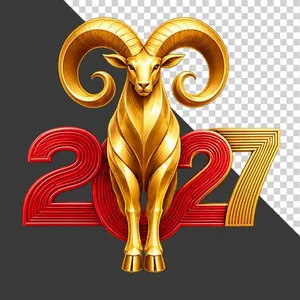 File PNG - Mô hình chú dê vàng hướng về phía trước kết hợp chữ số 2027 chào năm mới
