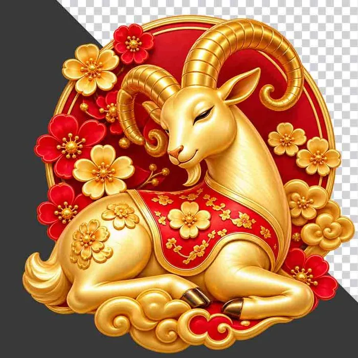 File PNG - Tượng dê vàng nằm khung tròn hoa mai đào