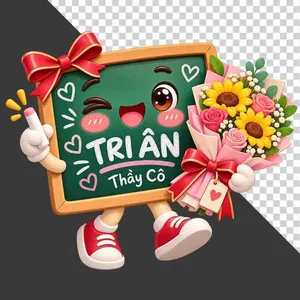 File PNG - Bảng đen hoạt hình dễ thương có chữ Tri ân Thầy Cô ôm bó hoa 20 tháng 11