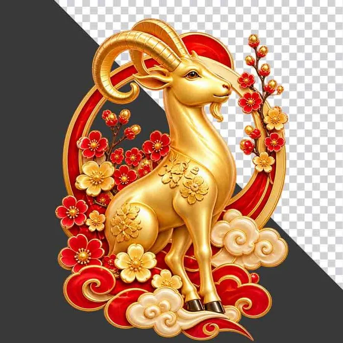 File PNG - Tượng dê vàng khung bầu dục hoa mai đào tài lộc