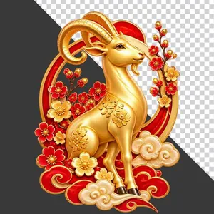 File PNG - Tượng dê vàng khung bầu dục hoa mai đào tài lộc