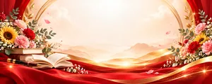 Phông nền 20/11 khung vòm hoa hướng dương cẩm chướng lụa đỏ - JPG