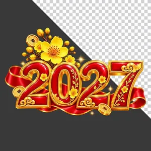 Chữ số 2027 đỏ vàng trang trí hoa mai - File PNG