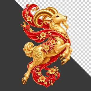 File PNG - Tượng dê vàng bay lượn dải lụa đỏ hoa đào