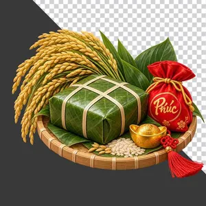 Mẹt bánh chưng lúa vàng túi tài lộc chữ Phúc và thỏi vàng ngày Tết - File PNG