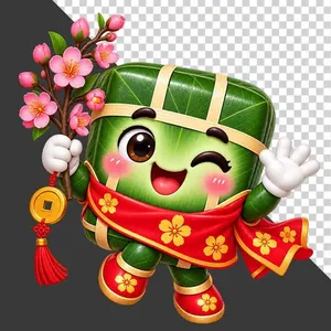 File PNG - Bánh chưng cầm cành đào hồng đồng xu may mắn