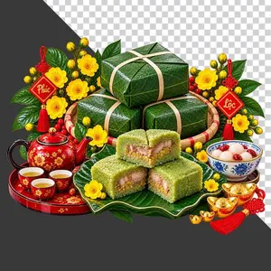 File PNG - Mâm cỗ Tết bánh chưng cắt miếng ấm chén đỏ hoa mai thẻ Phúc Lộc và thỏi vàng