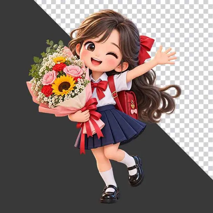 File PNG - Nữ sinh mặc đồng phục vẫy tay ôm bó hoa tri ân 20 tháng 11