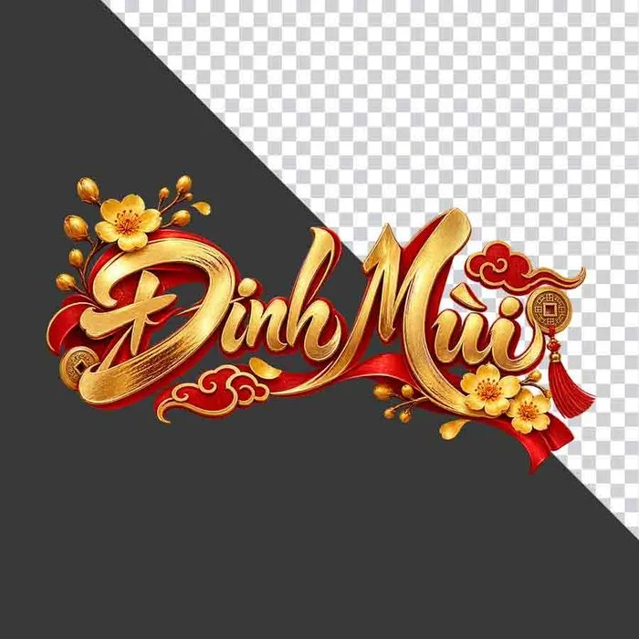 Chữ Đinh Mùi 3D vàng kim mây đỏ hoa mai ngày Tết - File PNG