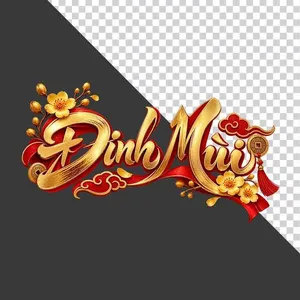Chữ Đinh Mùi 3D vàng kim mây đỏ hoa mai ngày Tết - File PNG
