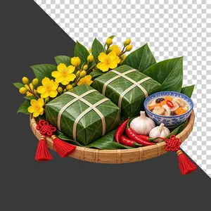 Mẹt tre bánh chưng tỏi ớt bát canh thịt đông hoa mai và phụ kiện đỏ - File PNG