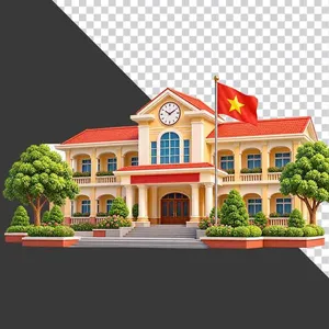 File PNG - Mô hình trường học kiến trúc Việt Nam cờ đỏ sao vàng trang trí khai giảng   