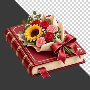 Cuốn sách đỏ đóng kín trang trí bó hoa tươi và nơ ruy băng tri ân 20 tháng 11 - PNG