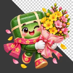 File PNG - Bánh chưng ôm bó hoa mai hoa đào thắt nơ hồng rực rỡ