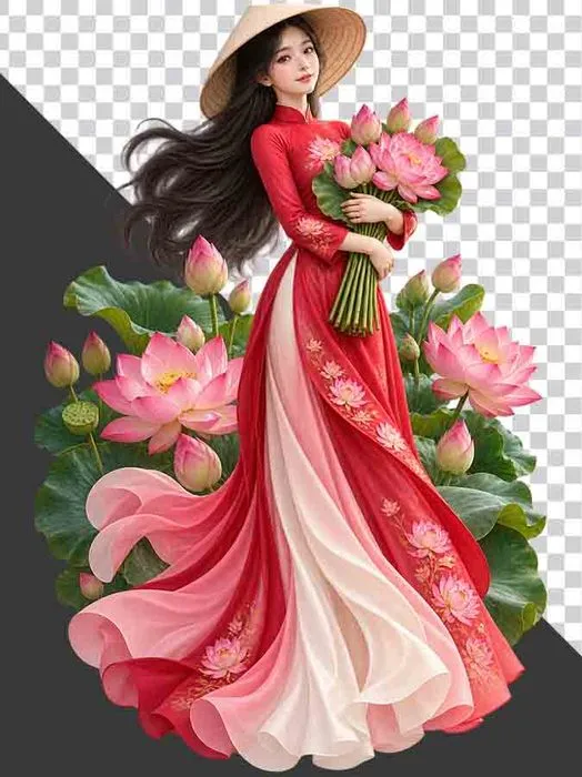 File PNG - Thiếu nữ mặc áo dài đỏ ôm bó hoa sen đội nón lá đứng giữa đầm sen