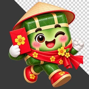 Bánh chưng đội nón lá cầm bao lì xì đỏ chạy nhảy ngày Tết  - File PNG