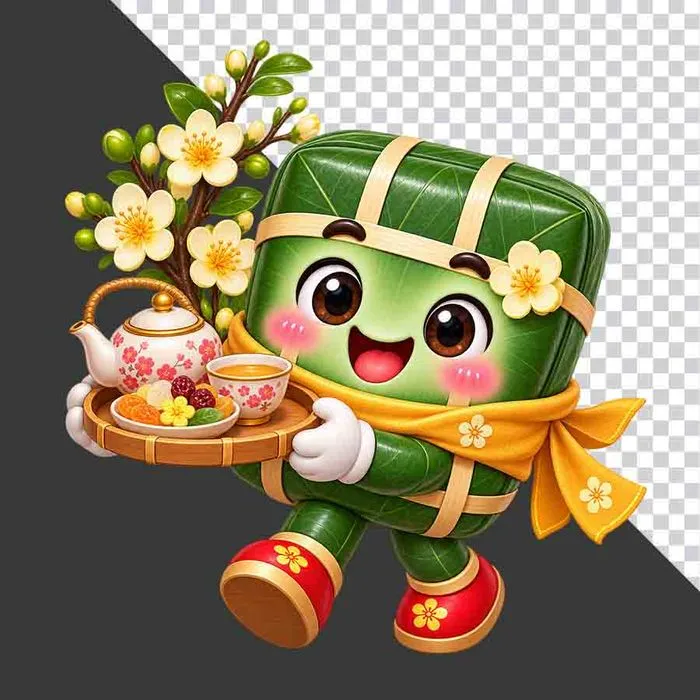File PNG - Bánh chưng bưng mâm tre ấm trà mứt kẹo cành hoa mai vàng
