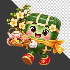File PNG - Bánh chưng bưng mâm tre ấm trà mứt kẹo cành hoa mai vàng