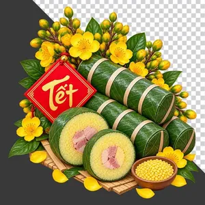 File PNG - Set bánh tét cắt khoanh nhân thịt đậu xanh kèm hoa mai và thẻ chữ Tết
