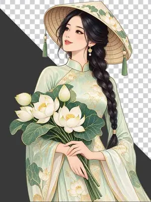 Thiếu nữ mặc cổ phục xanh nhạt đội nón lá ôm bó hoa sen  - PNG