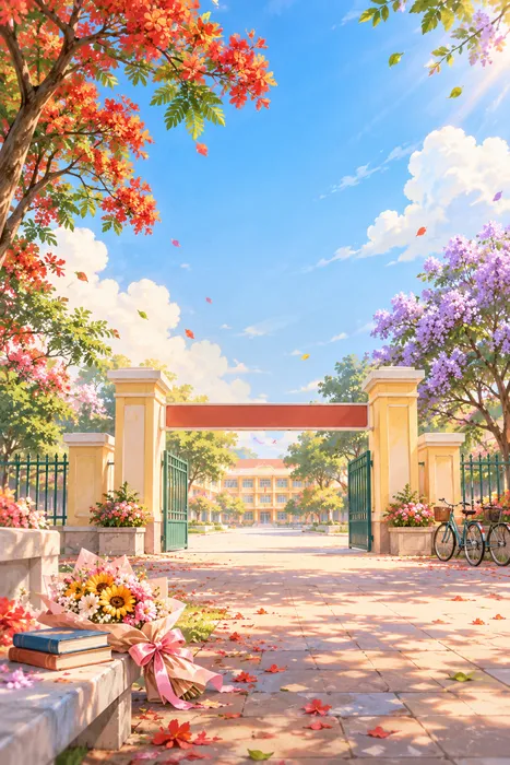 Cổng trường nắng mai hoa phượng bằng lăng - File JPG