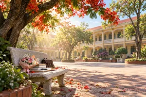 File JPG - Sân trường nắng mai hoa phượng đỏ ghế đá