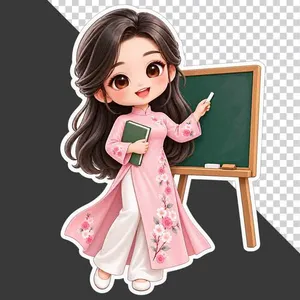 Cô giáo hoạt hình mặc áo dài hồng đang giảng bài cạnh bảng đen 20 tháng 11 - PNG