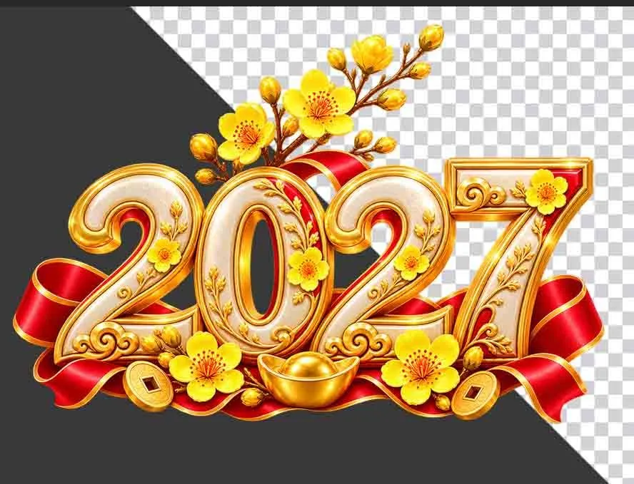 File PNG - Hình ảnh chữ số 2027 vàng trắng trang trí hoa mai vàng và dải lụa đỏ chào năm mới