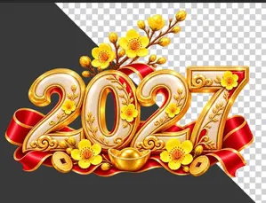File PNG - Hình ảnh chữ số 2027 vàng trắng trang trí hoa mai vàng và dải lụa đỏ chào năm mới