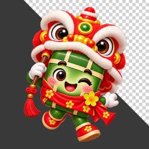 Bánh chưng đội đầu lân cầm gậy tua rua đỏ hoa mai - File PNG