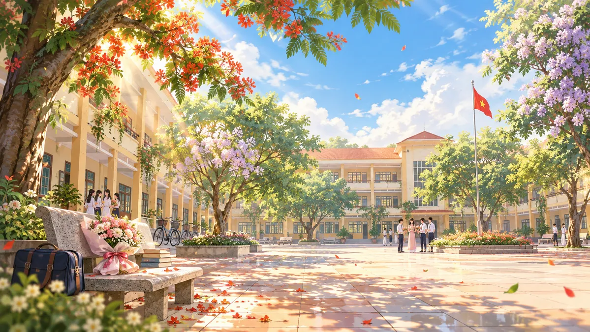 File JPG - Sân trường nắng mai hoa phượng học sinh ghế đá