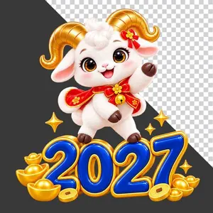Hình ảnh chú dê hoạt hình dễ thương bên chữ số 2027 xanh dương vàng - File PNG