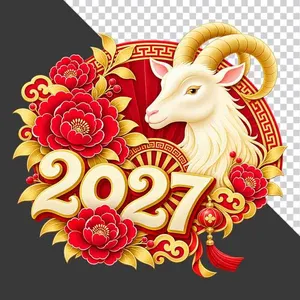 Hình ảnh đầu dê trắng và chữ số 2027 hoa mẫu đơn đỏ quạt giấy - File PNG