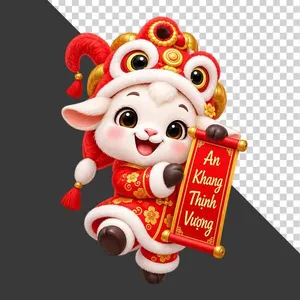 Tượng chú dê đỏ đội đầu lân múa cầm cuộn thư An Khang Thịnh Vượng - File PNG