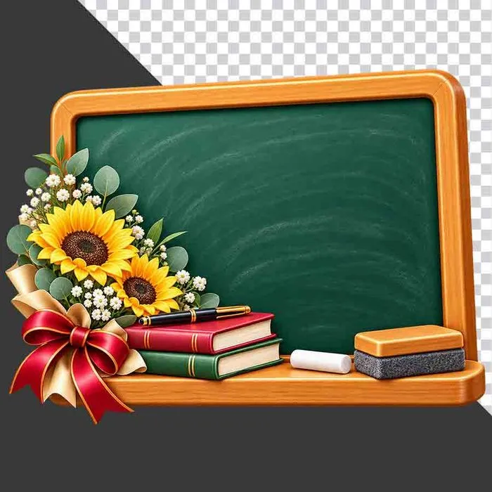 File PNG - Bảng đen trang trí hoa hướng dương sách và bút 20 tháng 11