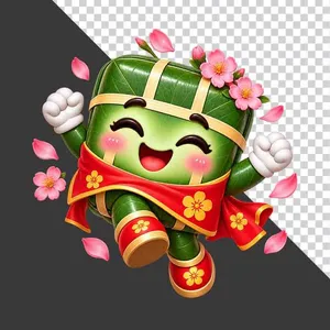 Bánh chưng nhảy múa tung hoa đào hồng rực rỡ chào xuân - File PNG