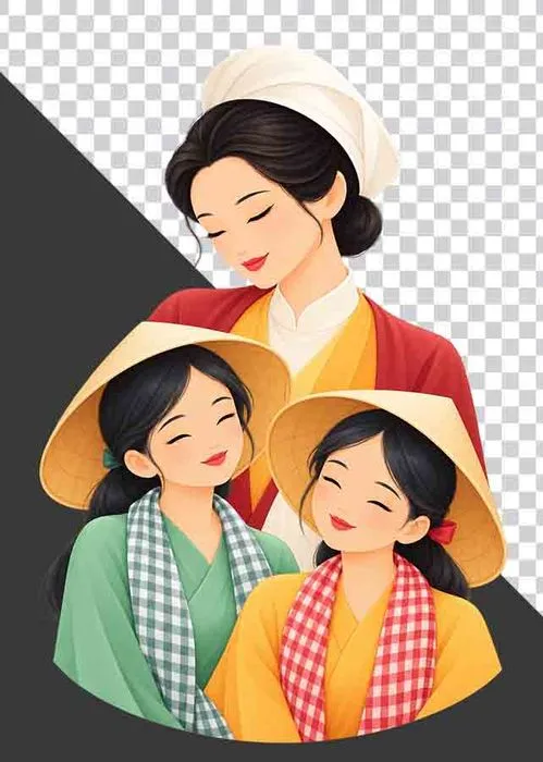 File PNG - Mẹ đội xếp ôm hai con gái mặc áo bà ba đội nón lá