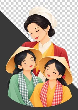 File PNG - Mẹ đội xếp ôm hai con gái mặc áo bà ba đội nón lá