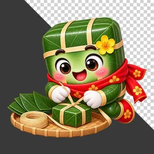 File PNG - Nhân vật hoạt hình bánh chưng đang tỉ mẩn gói bánh chưng nhỏ trên mẹt tre lá dong