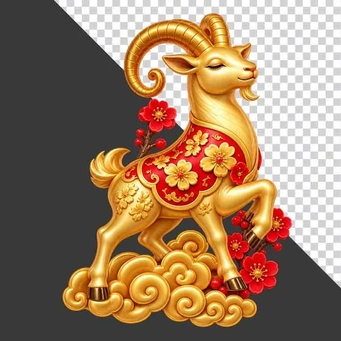 Tượng dê vàng nhắm mắt bước trên mây hoa đào - File PNG