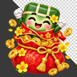 File PNG - Bánh chưng ngồi túi tiền vàng hoa mai tài lộc rực rỡ ngày Tết   