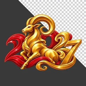 File PNG - Mô hình chú dê vàng kết hợp chữ số 2027 dải lụa đỏ uốn lượn