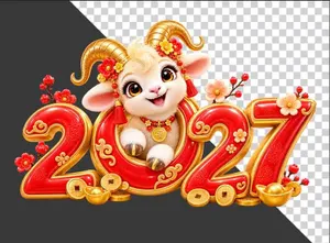 Hình ảnh chú dê hoạt hình bên chữ số 2027 đỏ vàng - File PNG