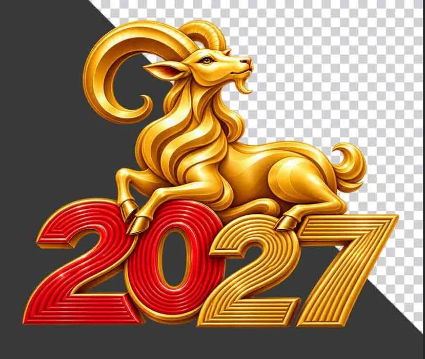 File PNG - Mô hình chú dê vàng nằm trên chữ số 2027 trang trí năm mới