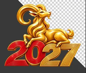File PNG - Mô hình chú dê vàng nằm trên chữ số 2027 trang trí năm mới