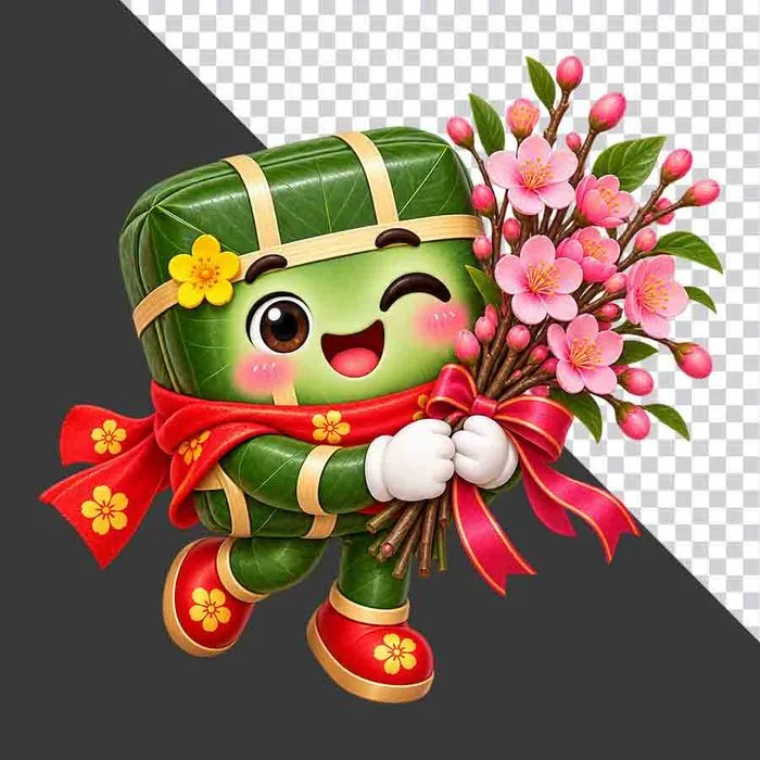 File PNG - Bánh chưng ôm bó hoa đào hồng thắt nơ đỏ mừng xuân