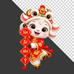 Tượng chú dê đội đầu lân cầm dây câu đối Vạn Sự Như Ý - PNG